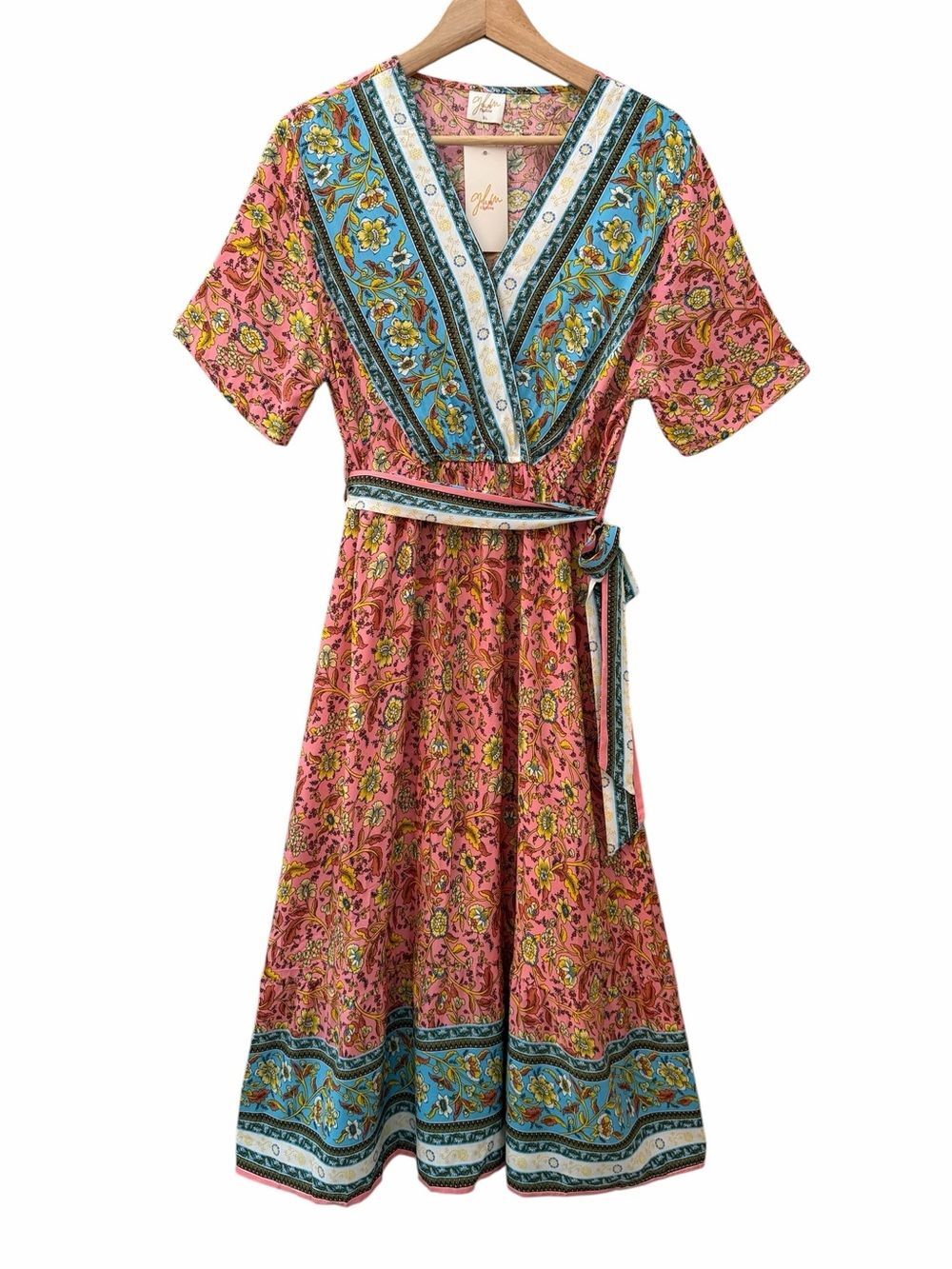 GLM Floral V-Neck Midi Dress Womens Sz XL Pink Blue Rayon Tie Waist Flowy Boho